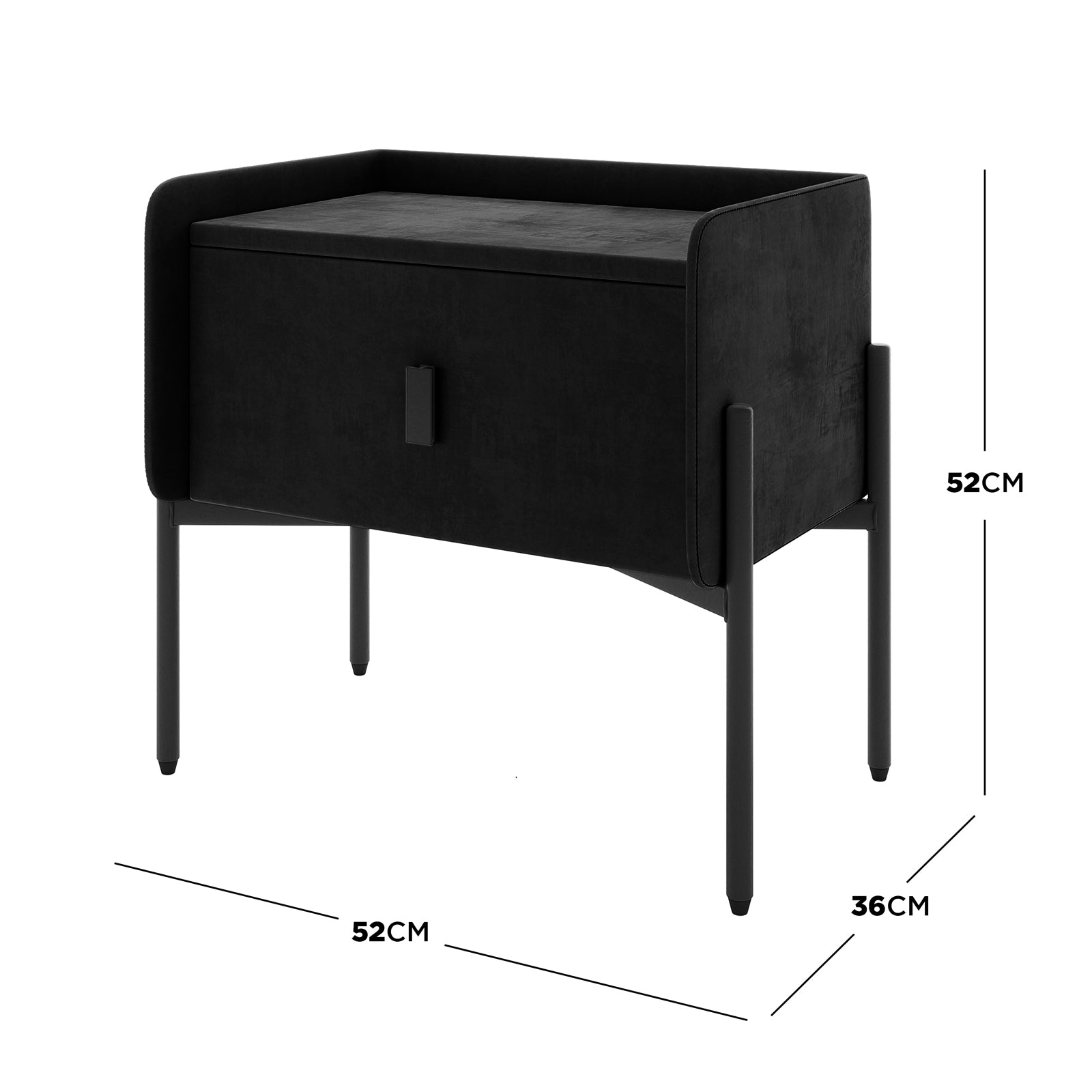 Eliz Velvet Fabric Bedside Table in Black, featuring a matte finish. Rectangular storage box with a sleek front drawer, supported by slim metal legs. Measurements: Width 52 cm, Height 52 cm, Depth 36 cm.