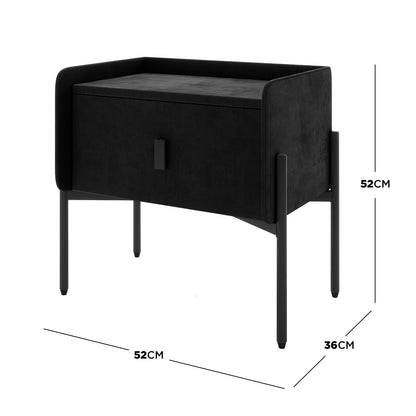 Eliz Velvet Fabric Bedside Table in Black, featuring a matte finish. Rectangular storage box with a sleek front drawer, supported by slim metal legs. Measurements: Width 52 cm, Height 52 cm, Depth 36 cm.