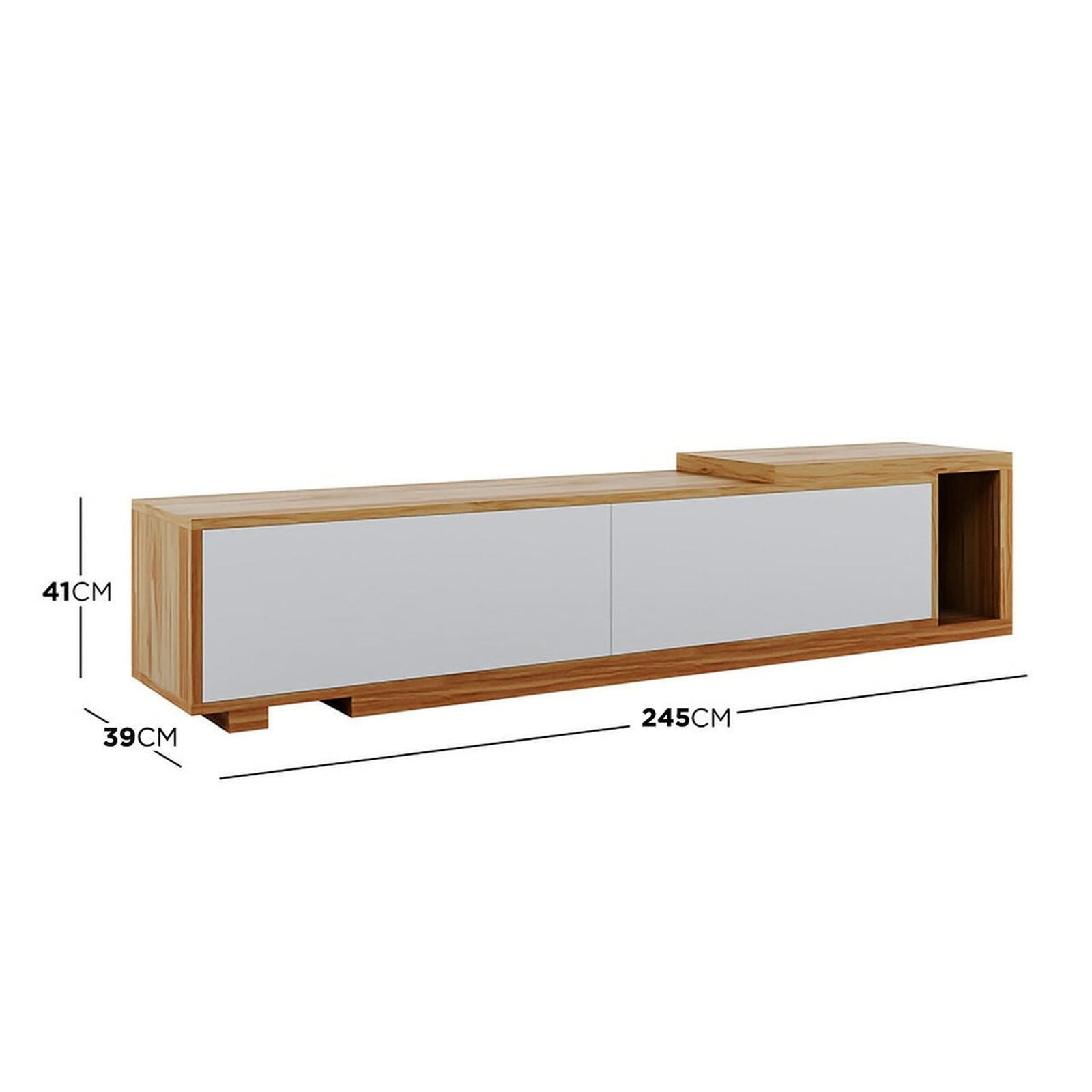 Eloise Entertainment Unit with Shelves – White, featuring modern design with push-to-open doors, adjustable length, and open shelves. Ideal for stylish storage and organizing living room essentials.