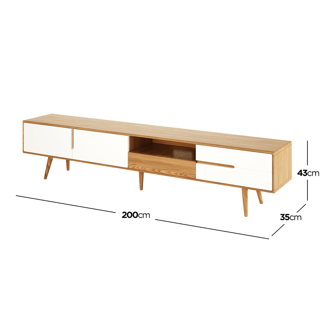 Estella 200cm American Oak Entertainment Unit in Natural features a mid-century-inspired design with light wood, white-fronted storage, slender splayed legs, sliding doors, open shelf, and drawers, offering elegant practicality.