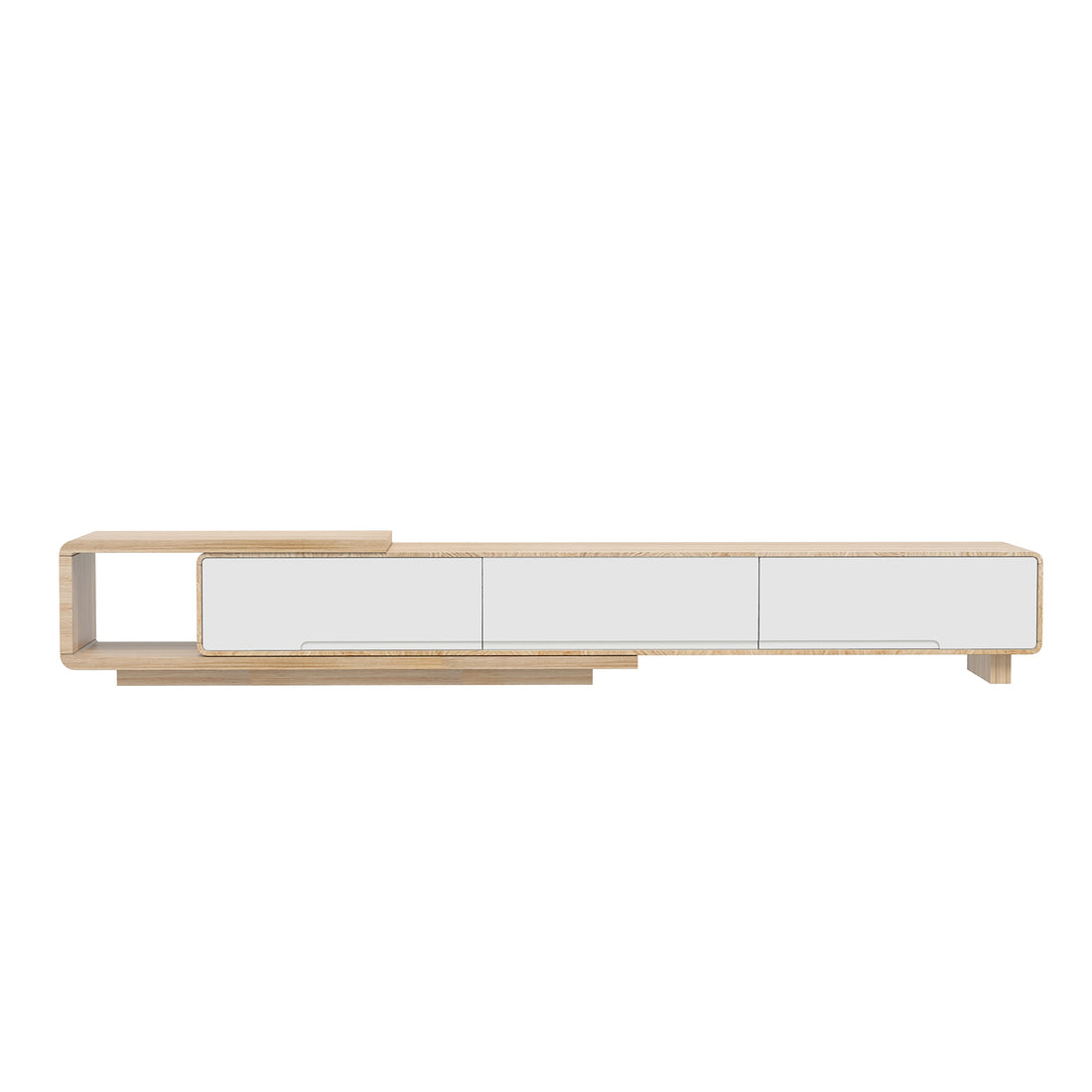 Galya Extendable Storage TV Unit - Oak features a light wood finish with an open shelf and three white-fronted compartments, providing a sleek, modern look for your entertainment space.