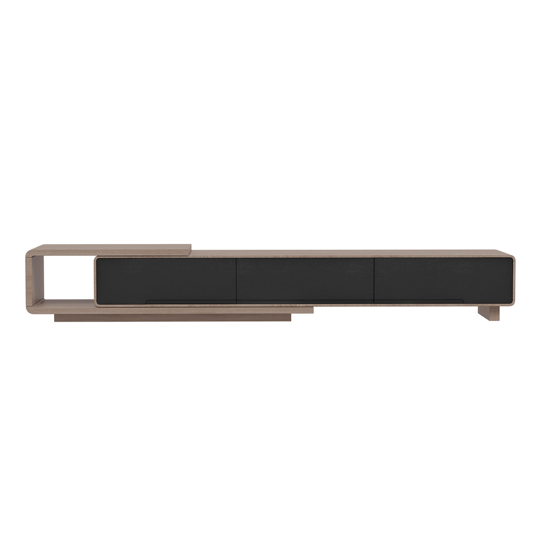 Galya Extendable Storage TV Unit - Teak features a light wood frame, open shelf, and three black-fronted compartments, offering a sleek, modern design ideal for versatile living room setups.