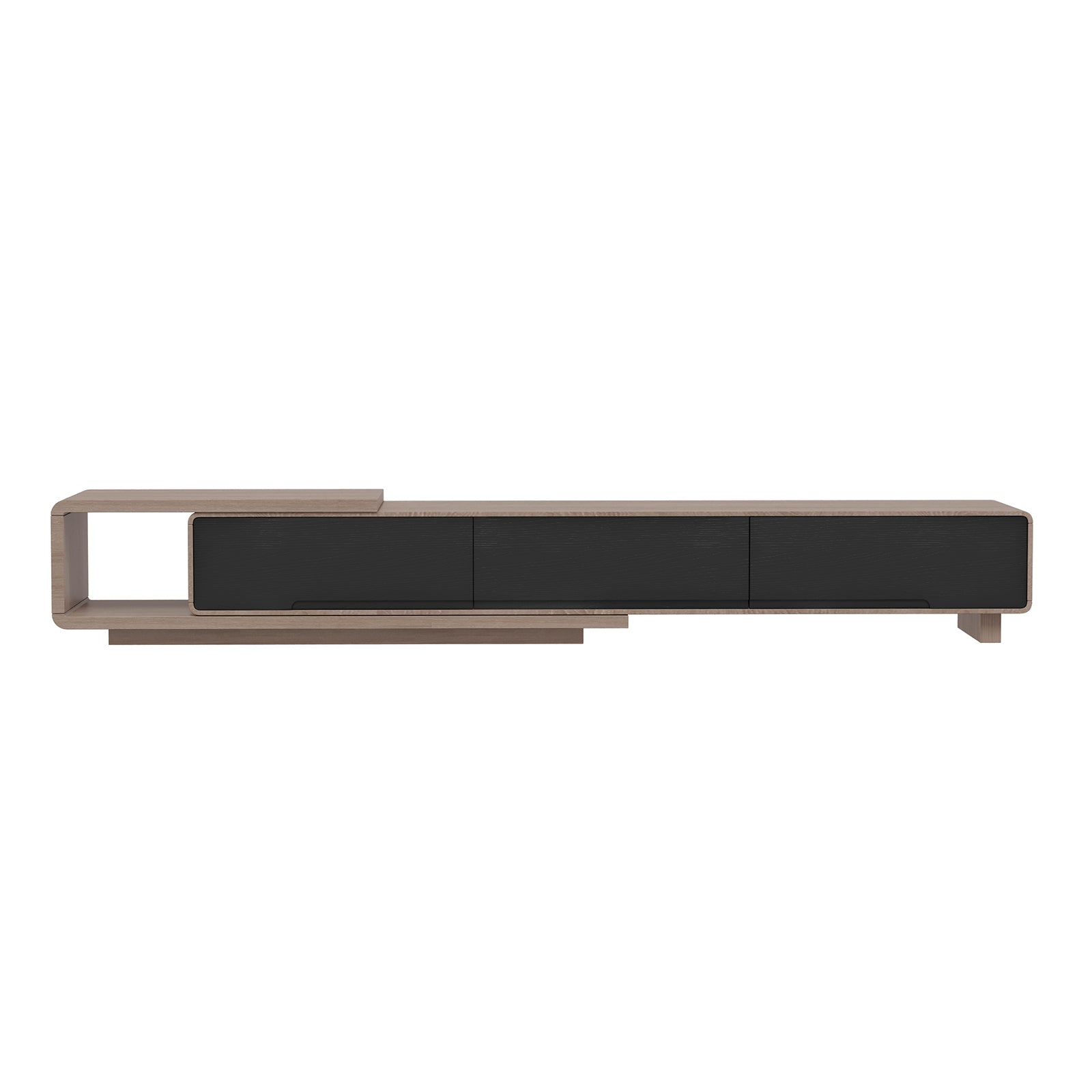 Galya Extendable Storage TV Unit - Teak features a light wood frame, open shelf, and three black-fronted compartments, offering a sleek, modern design ideal for versatile living room setups.