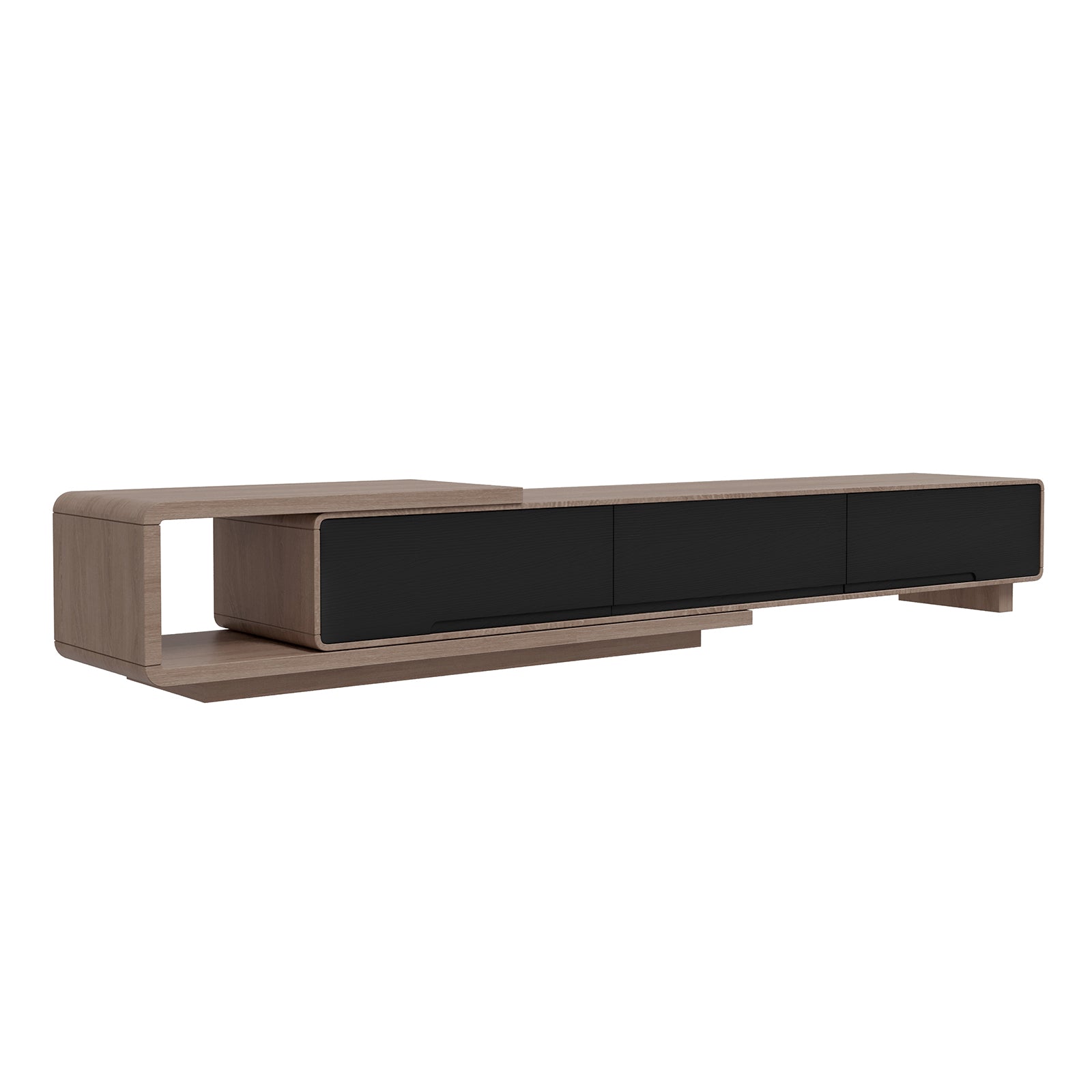 Galya Extendable Storage TV Unit - Teak, a modern wooden console with rounded edges, features an open shelf and black-fronted drawers, designed for a sleek, functional living room setup.