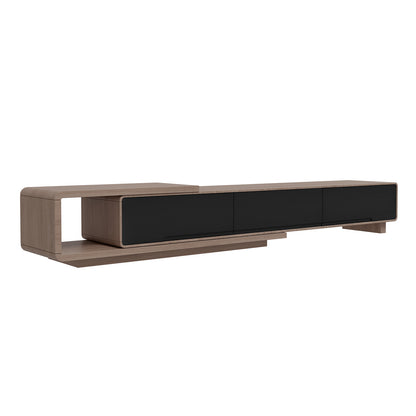 Galya Extendable Storage TV Unit - Teak, a modern wooden console with rounded edges, features an open shelf and black-fronted drawers, designed for a sleek, functional living room setup.