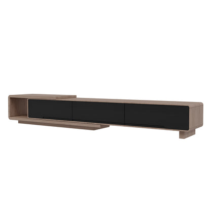 Galya Extendable Storage TV Unit - Teak, featuring a light wood frame with an open cubby and three black-fronted drawers, showcasing a minimalist design ideal for modern living spaces.