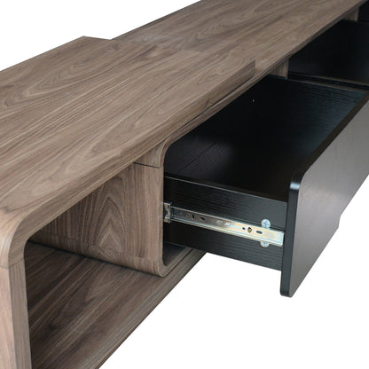 Galya Extendable Storage TV Unit - Teak, featuring a curved walnut-toned laminated finish, displayed with a partially open drawer on metal slides and an open shelf beneath.