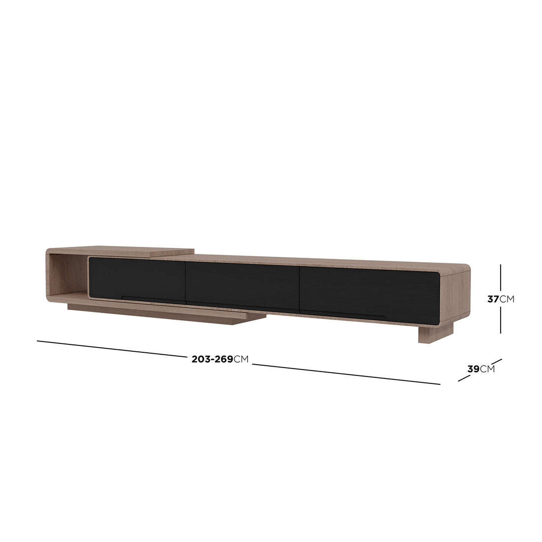 Galya Extendable Storage TV Unit - Teak features a sleek, modular design with light-toned wood, black storage doors, and an open cubby, creating a floating effect on asymmetrical supports.