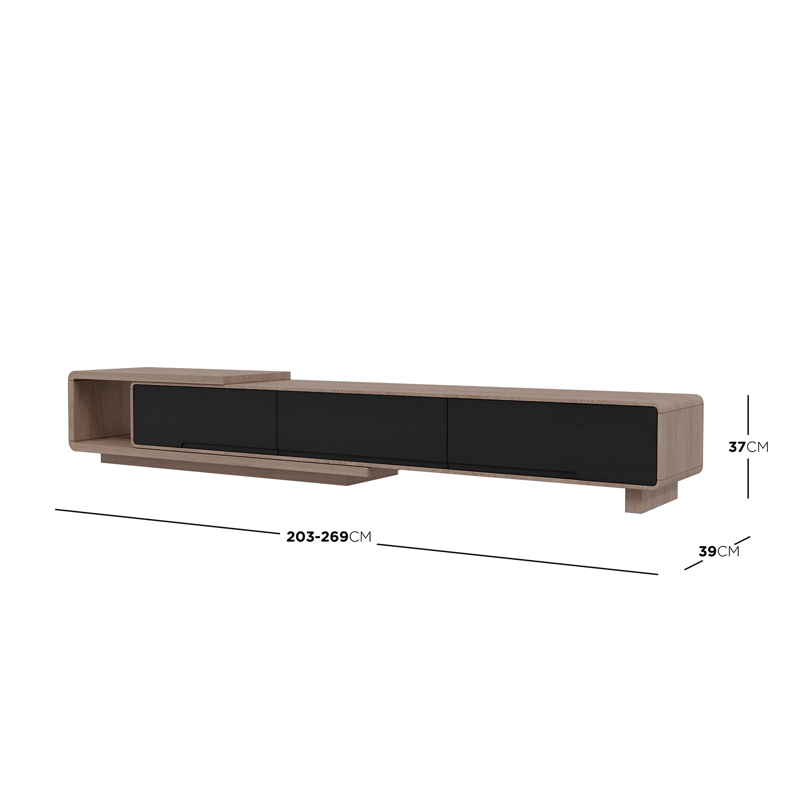 Galya Extendable Storage TV Unit - Teak features a sleek, modular design with light-toned wood, black storage doors, and an open cubby, creating a floating effect on asymmetrical supports.