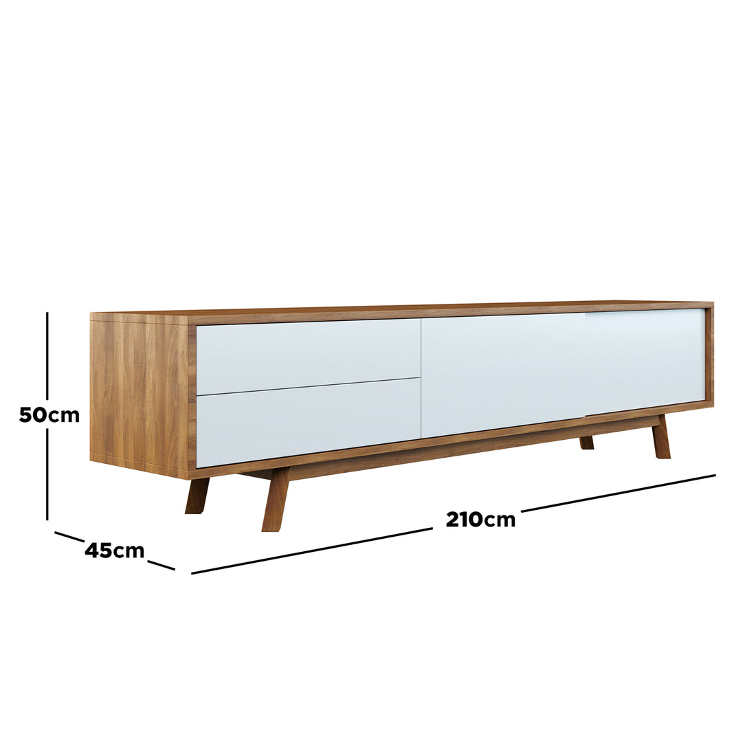Gavyn Entertainment Unit with Cabinet and Drawers Natural/White showcasing its sleek design; close-up of wood texture emphasizing its sturdy engineered wood surface, accentuating its modern style and practical storage features.