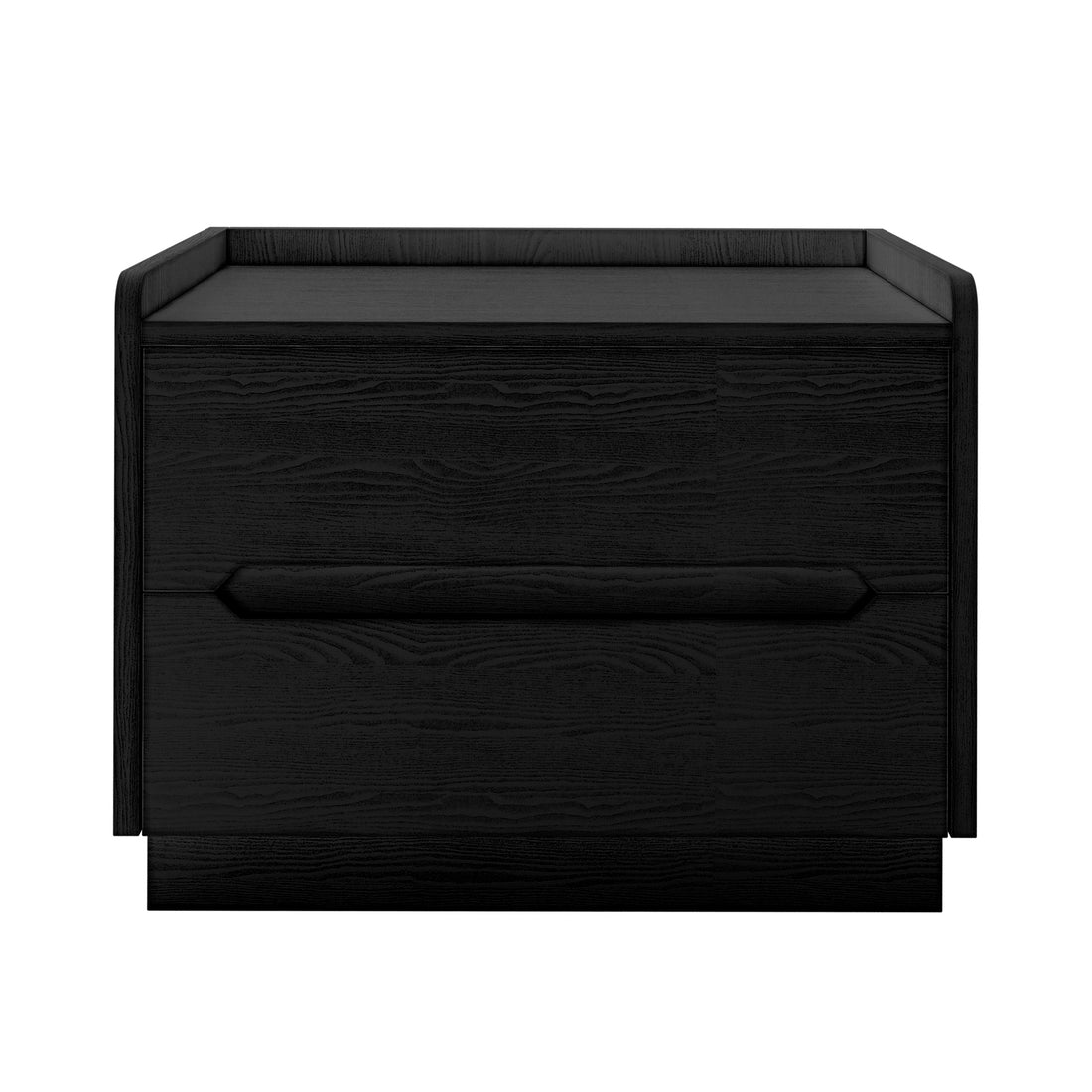 Glorinda 60cm Scratch Resistant Bedside Table in Black featuring a modern black wooden design with two drawers, built-in handles, and a raised back edge on the top surface.