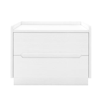 Glorinda 60cm Scratch Resistant Bedside Table in White features a sleek, modern design with two drawers, white wood-grain finish, hidden handles, and a raised top for secure storage.