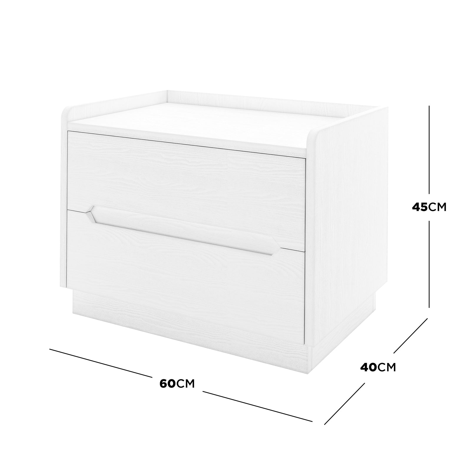 Glorinda 60cm Scratch Resistant Bedside Table in White, featuring a single pull-out drawer, clean lines, and a compact design with dimensions: Width 60cm, Depth 40cm, Height 45cm.