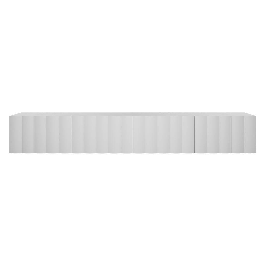 Hamish 200cm Entertainment Unit White featuring clean lines, a wave design, and a sleek black-bordered rectangular surface, ideal for modern living rooms with versatile placement options.