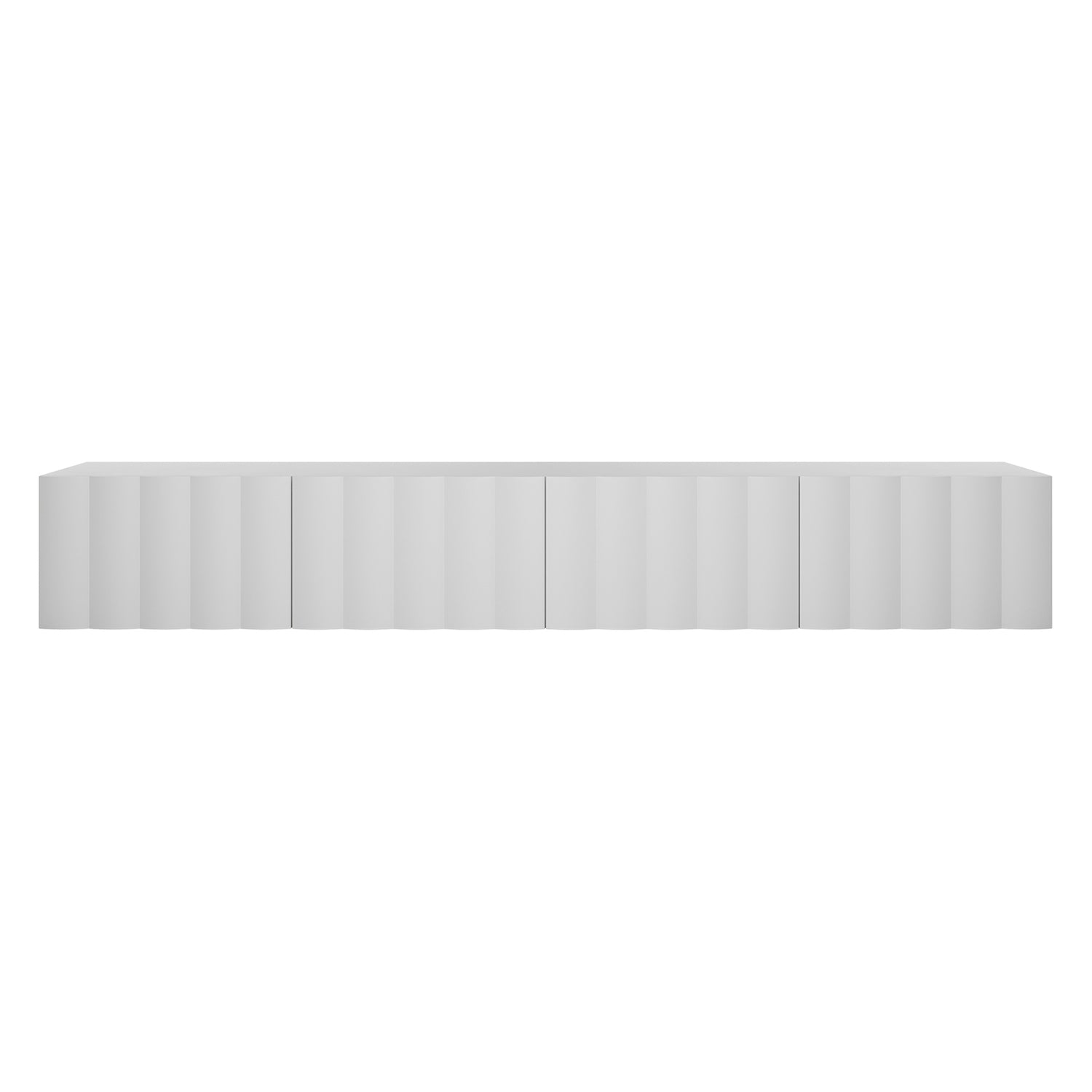 Hamish 200cm Entertainment Unit White featuring clean lines, a wave design, and a sleek black-bordered rectangular surface, ideal for modern living rooms with versatile placement options.