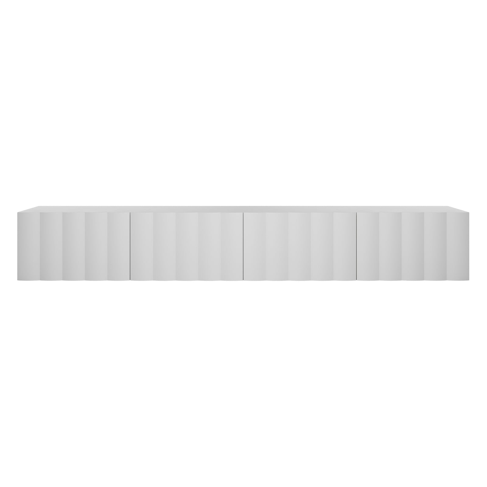 Hamish 200cm Entertainment Unit White featuring clean lines, a wave design, and a sleek black-bordered rectangular surface, ideal for modern living rooms with versatile placement options.