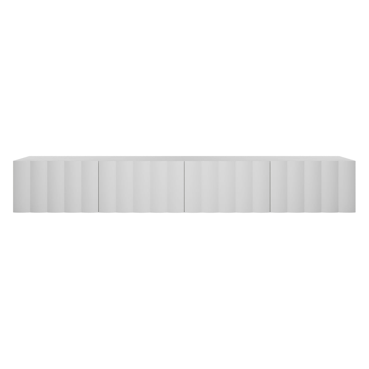 Hamish 200cm Entertainment Unit White featuring clean lines, a wave design, and a sleek black-bordered rectangular surface, ideal for modern living rooms with versatile placement options.