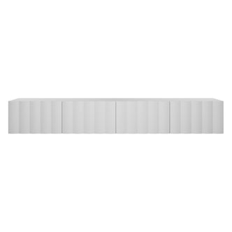 Hamish 200cm Entertainment Unit White featuring clean lines, a wave design, and a sleek black-bordered rectangular surface, ideal for modern living rooms with versatile placement options.