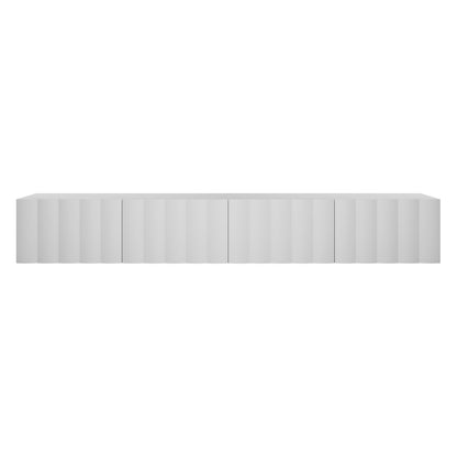 Hamish 200cm Entertainment Unit White featuring clean lines, a wave design, and a sleek black-bordered rectangular surface, ideal for modern living rooms with versatile placement options.