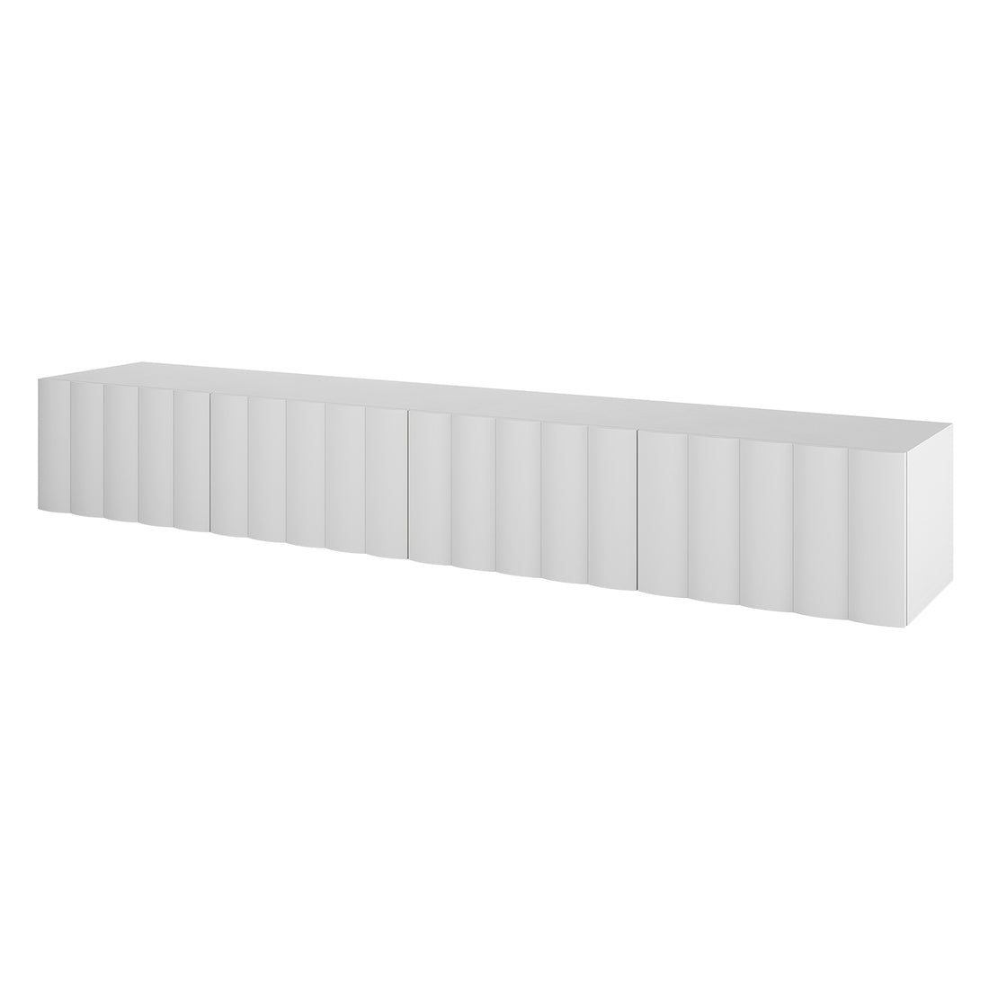 Hamish 200cm Entertainment Unit White features a sleek, rectangular design with a modern wave pattern, handle-free drawers, and black accents, designed for versatile wall or floor placement.