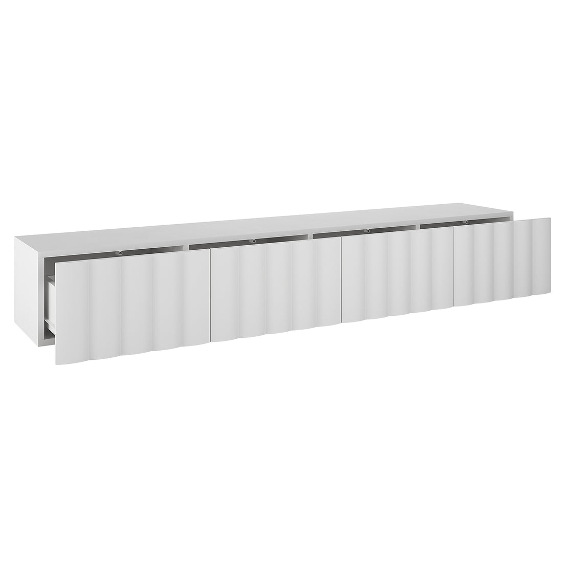 Hamish 200cm Entertainment Unit White features a sleek design with clean lines, wave pattern, and handle-free drawers, offering a modern look and practical storage for living rooms.