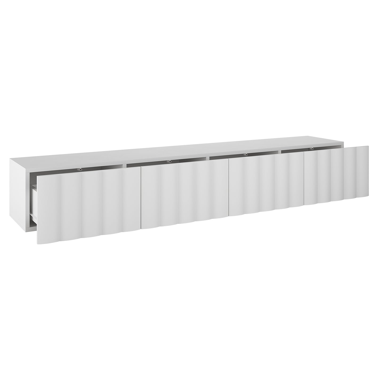 Hamish 200cm Entertainment Unit White features a sleek design with clean lines, wave pattern, and handle-free drawers, offering a modern look and practical storage for living rooms.