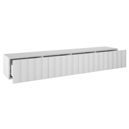 Hamish 200cm Entertainment Unit White features a sleek design with clean lines, wave pattern, and handle-free drawers, offering a modern look and practical storage for living rooms.
