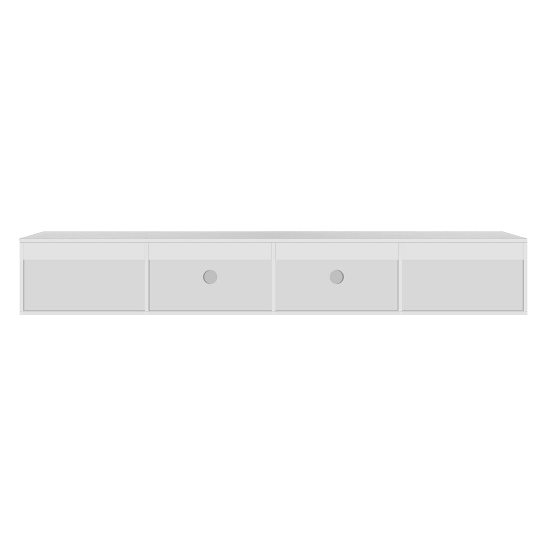 Hamish 200cm Entertainment Unit White shown as a sleek, modern piece with clean lines, handle-free drawers, and a wave design, displayed on a white shelf with visible drawers underneath.