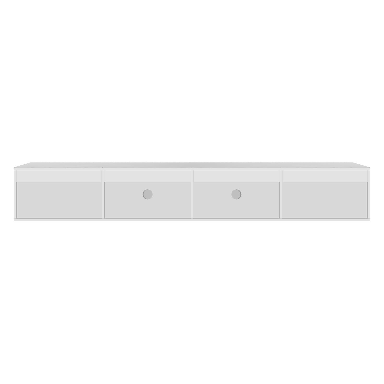 Hamish 200cm Entertainment Unit White shown as a sleek, modern piece with clean lines, handle-free drawers, and a wave design, displayed on a white shelf with visible drawers underneath.