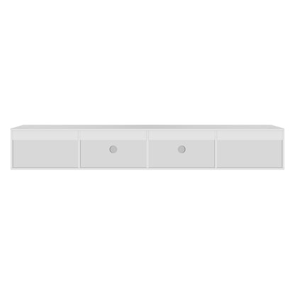 Hamish 200cm Entertainment Unit White shown as a sleek, modern piece with clean lines, handle-free drawers, and a wave design, displayed on a white shelf with visible drawers underneath.