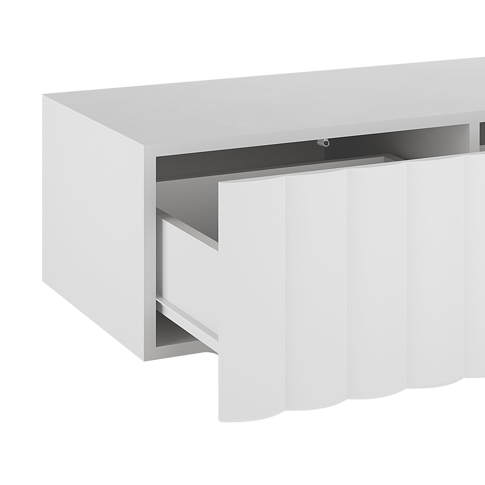 Close-up of the Hamish 200cm Entertainment Unit, showcasing its clean lines and wave design. Features visible handle-free drawers and a spacious top, illustrating its stylish and functional modern look.