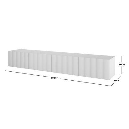 Hamish 200cm Entertainment Unit White, featuring a sleek rectangular design with a black border, showcases clean lines and a wave pattern, ideal for modern living room setups.