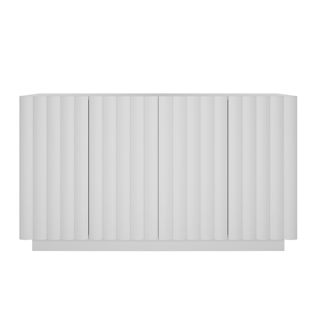 Hamish 140cm Storage Sideboard Buffet White features a modern wave design with vertical lines, handle-free doors, and ample storage space, integrating seamlessly into contemporary home decor.