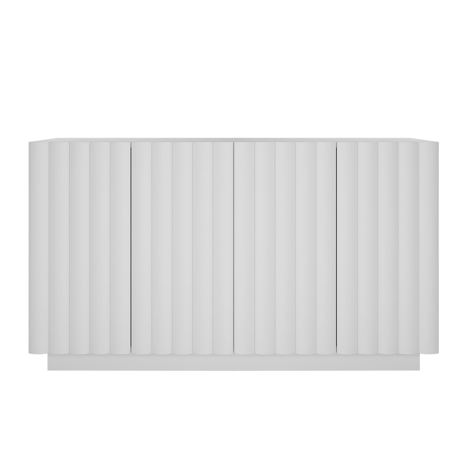 Hamish 140cm Storage Sideboard Buffet White features a modern wave design with vertical lines, handle-free doors, and ample storage space, integrating seamlessly into contemporary home decor.
