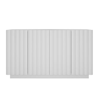 Hamish 140cm Storage Sideboard Buffet White features a modern wave design with vertical lines, handle-free doors, and ample storage space, integrating seamlessly into contemporary home decor.