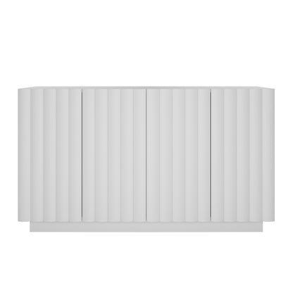 Hamish 140cm Storage Sideboard Buffet White features a modern wave design with vertical lines, handle-free doors, and ample storage space, integrating seamlessly into contemporary home decor.