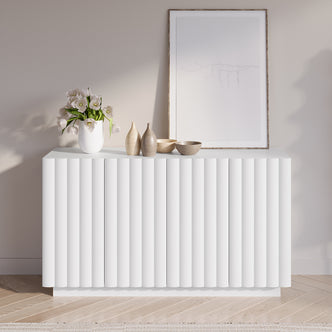 Hamish 140cm Storage Sideboard Buffet White, featuring a wave design, displayed with vases and a flowerpot on top, highlighting its modern aesthetic and ample top space for decor.
