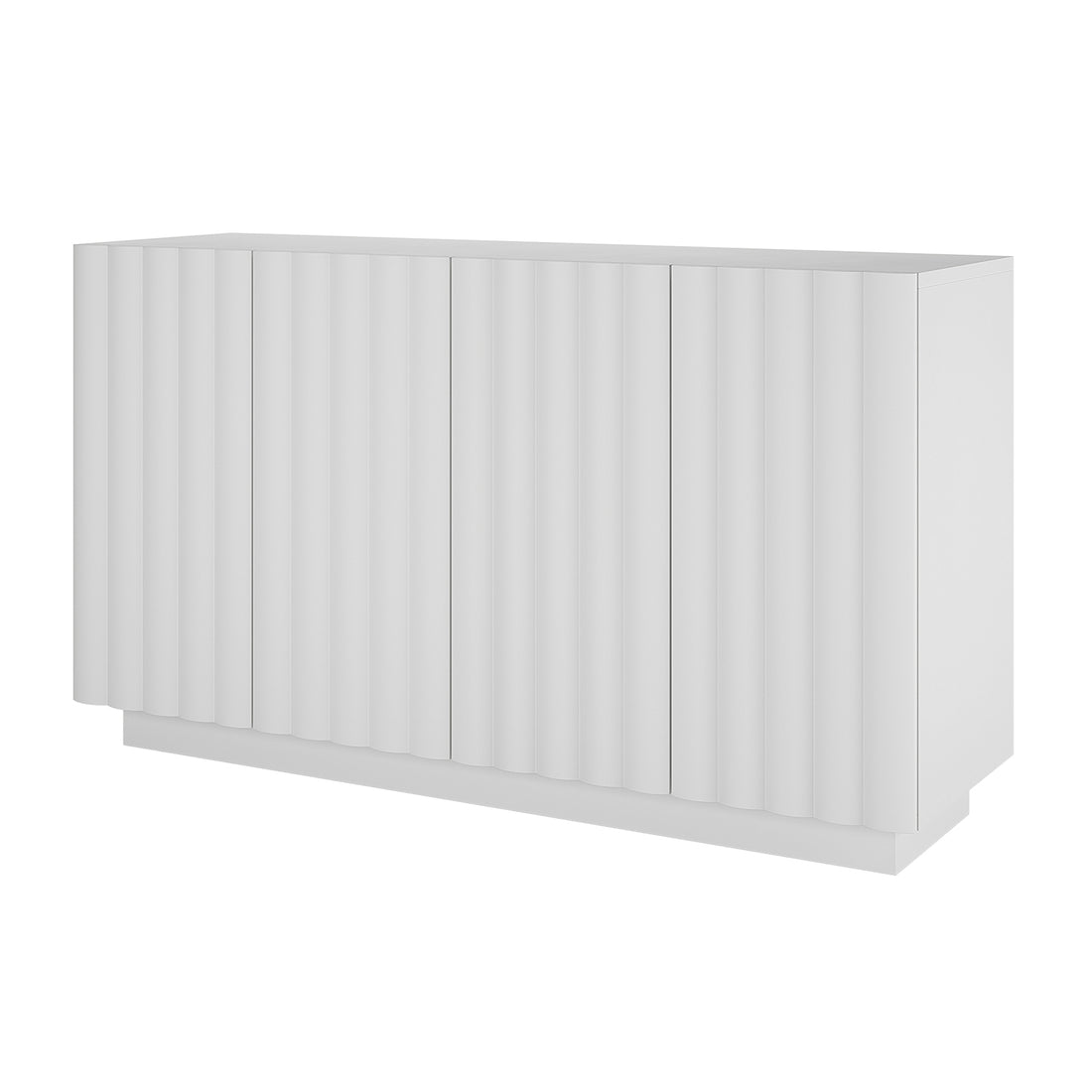 Hamish 140cm Storage Sideboard Buffet features a sleek, modern design with clean lines and a wave pattern, showcasing its handle-free white cabinet doors and ample storage space.