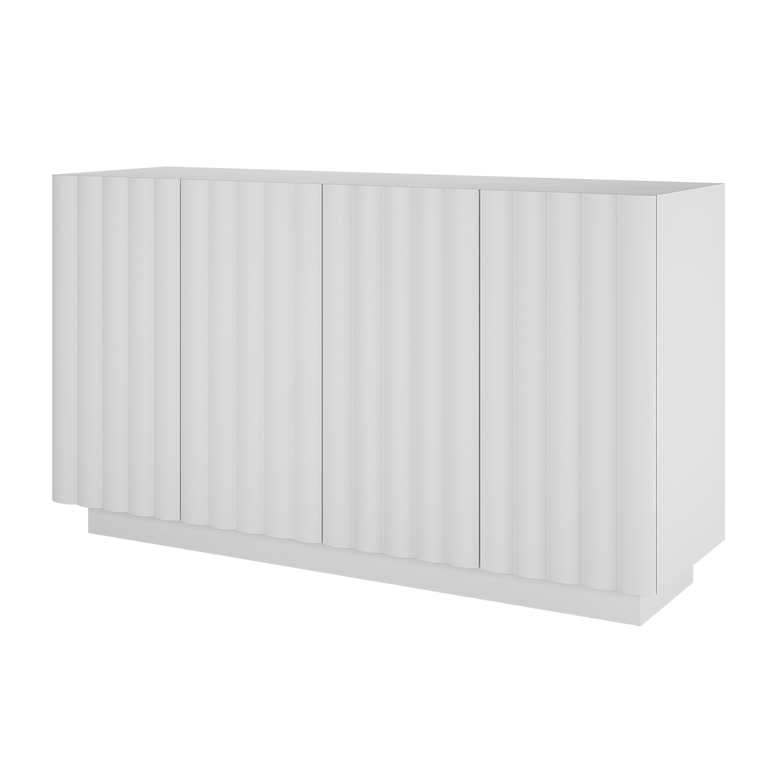 Hamish 140cm Storage Sideboard Buffet features a sleek, modern design with clean lines and a wave pattern, showcasing its handle-free white cabinet doors and ample storage space.