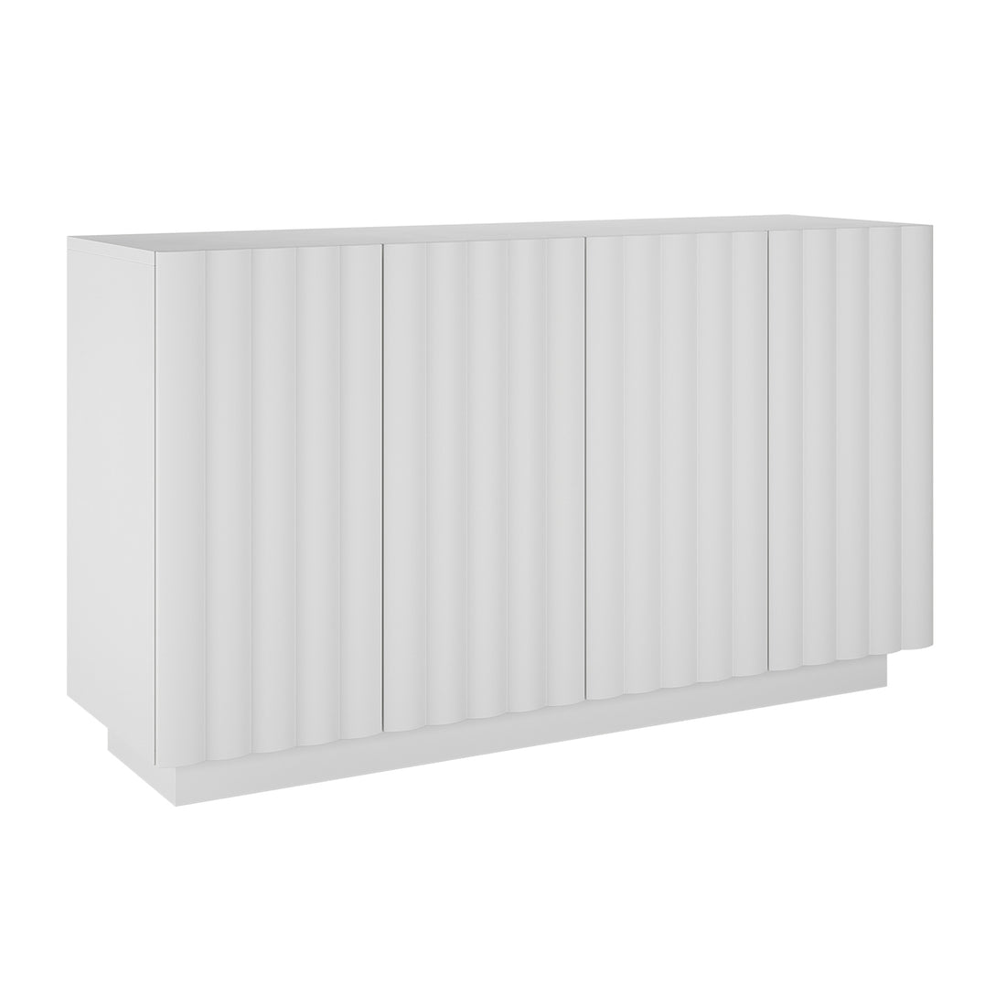 Hamish 140cm Storage Sideboard Buffet White, featuring a modern wave design with clean lines, spacious top, handle-free doors, and adjustable shelves, offering practical and stylish storage for your space.
