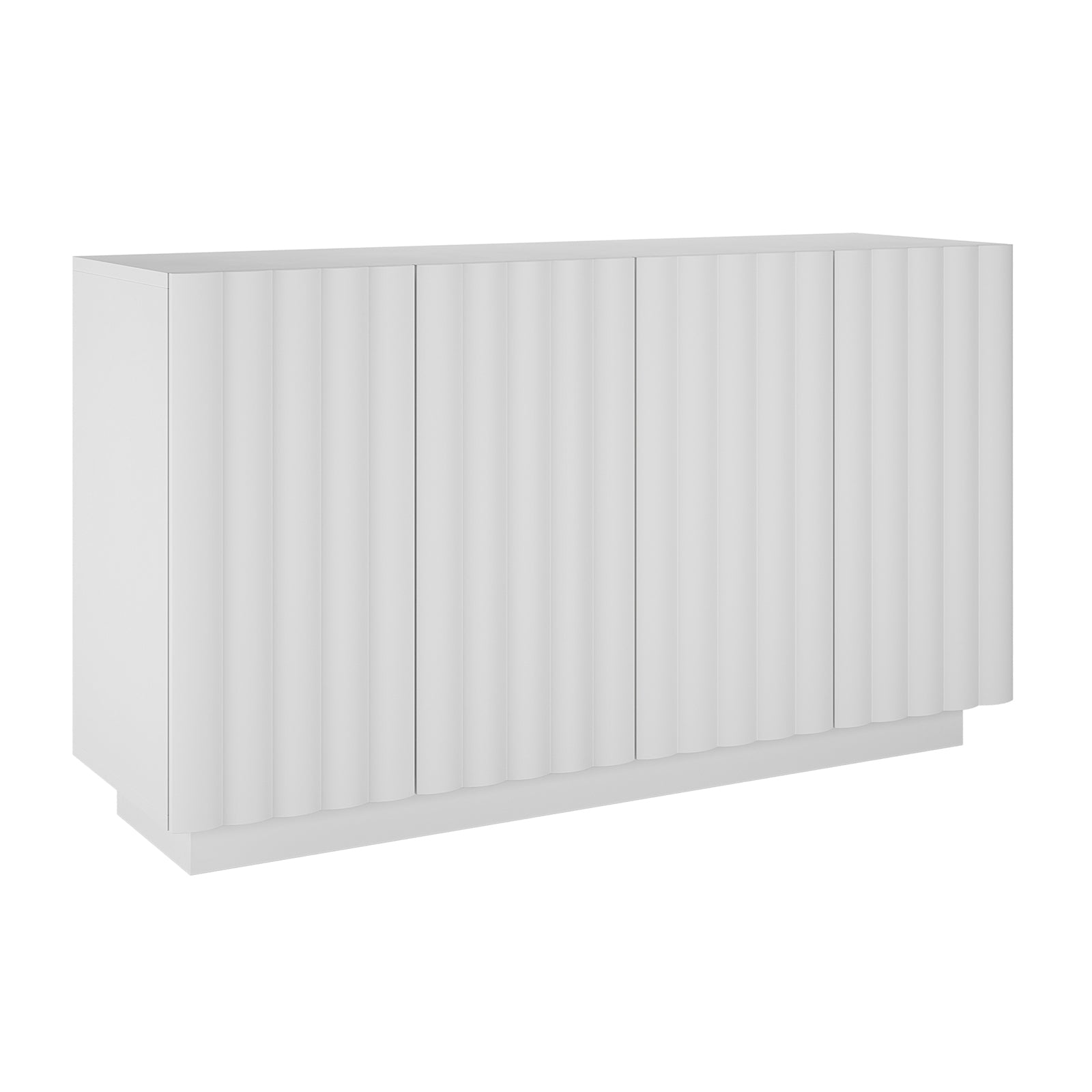 Hamish 140cm Storage Sideboard Buffet White, featuring a modern wave design with clean lines, spacious top, handle-free doors, and adjustable shelves, offering practical and stylish storage for your space.