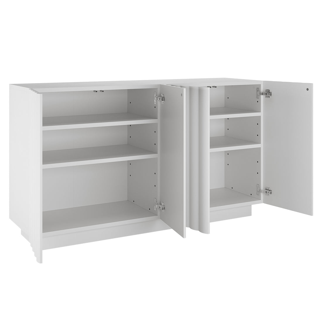 Hamish 140cm Storage Sideboard Buffet White features open shelves and handle-free cabinet doors, showcasing a modern wave design and clean lines, ideal for stylish and practical home storage.