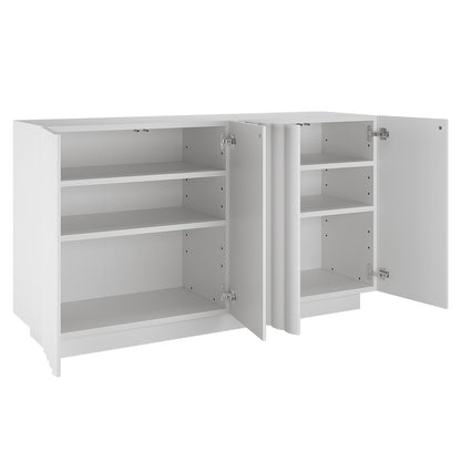 Hamish 140cm Storage Sideboard Buffet White features open shelves and handle-free cabinet doors, showcasing a modern wave design and clean lines, ideal for stylish and practical home storage.