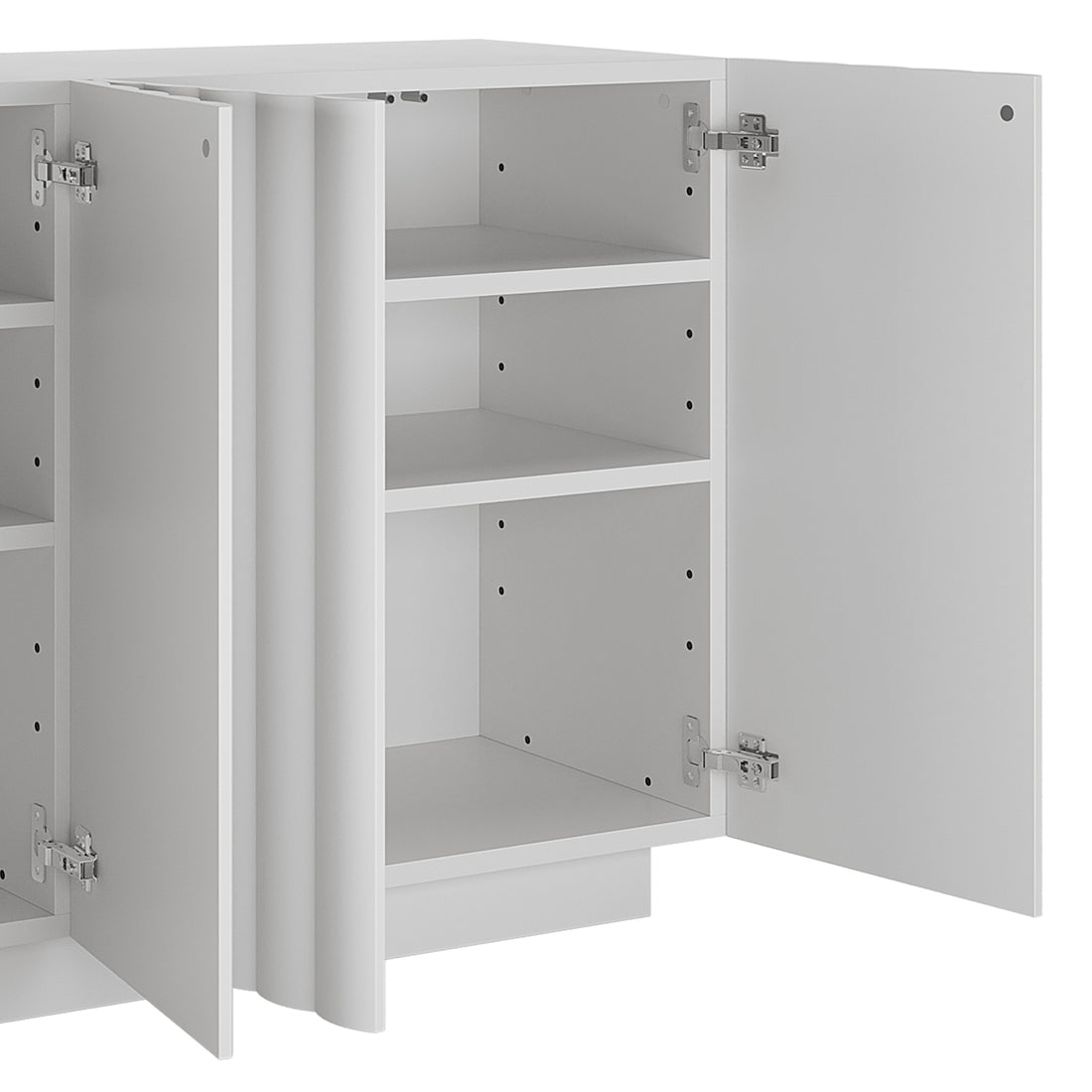 Close-up of a hinge on the Hamish 140cm Storage Sideboard Buffet, showcasing its modern design and practical storage features, including handle-free doors and a sleek wave design.