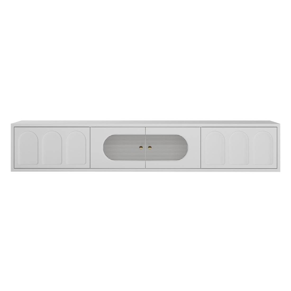 Hava 180cm Arched Entertainment Unit White, featuring sleek arched drawers and fluted glass doors, perfect for modern living rooms.
