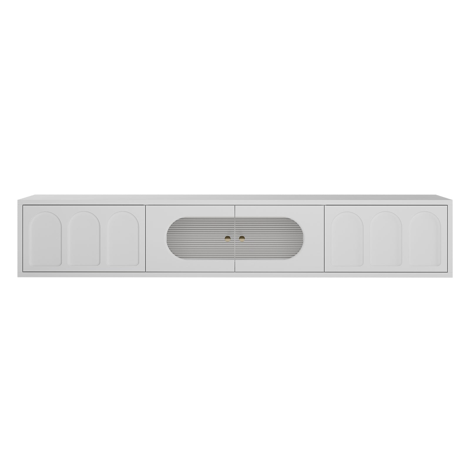 Hava 180cm Arched Entertainment Unit White, featuring sleek arched drawers and fluted glass doors, perfect for modern living rooms.