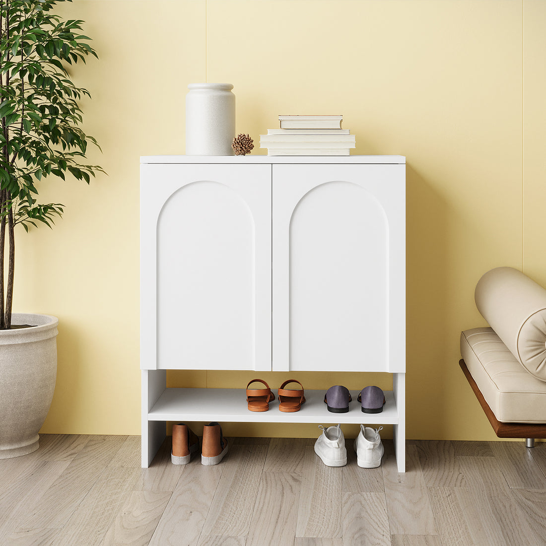 Hava 80cm Arched Shoe Cabinet White with sleek arched doors, ample storage, and clean lines, designed for modern hallways, offering adjustable shelves and a bottom open shelf for extra organization.