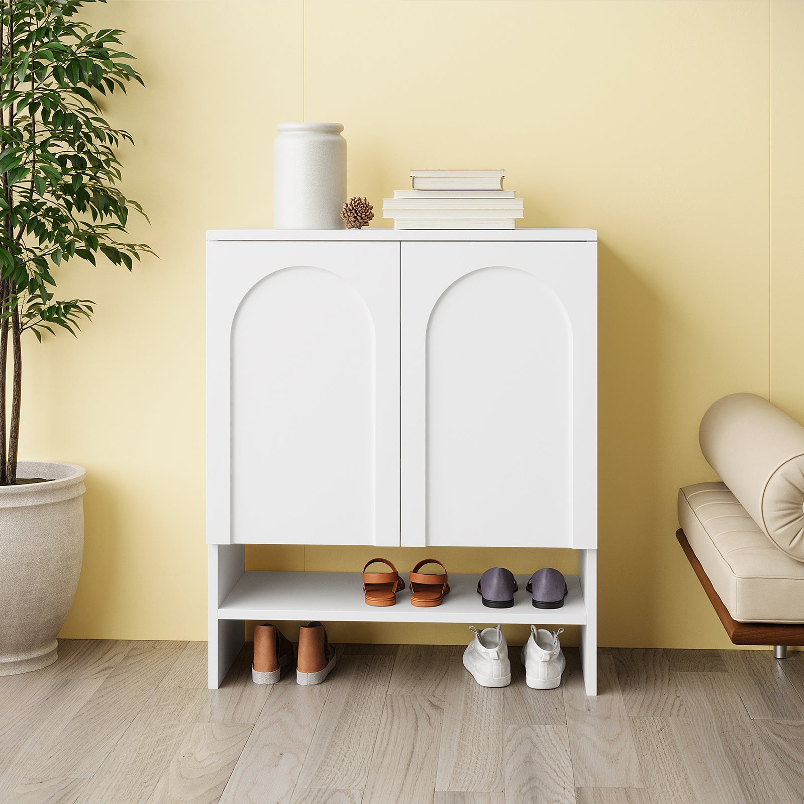 Hava 80cm Arched Shoe Cabinet White with sleek arched doors, ample storage, and clean lines, designed for modern hallways, offering adjustable shelves and a bottom open shelf for extra organization.