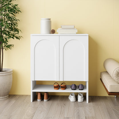 Hava 80cm Arched Shoe Cabinet White with sleek arched doors, ample storage, and clean lines, designed for modern hallways, offering adjustable shelves and a bottom open shelf for extra organization.