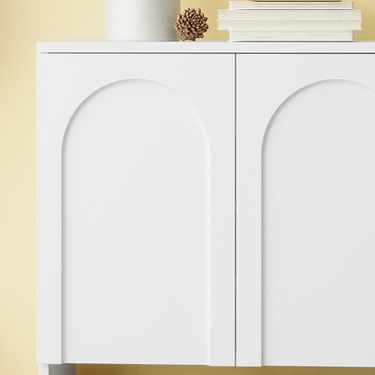 Hava 80cm Arched Shoe Cabinet White displayed with arched design, clean lines, and a top surface featuring a candle and books, offering ample storage for hallway organization.